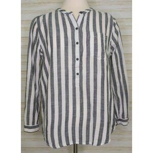 Lucky Brand Top Womens Med. Gray Striped Button Up Roll Tab Long Sleeve